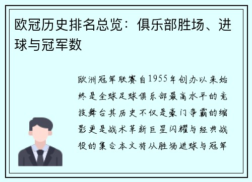 欧冠历史排名总览：俱乐部胜场、进球与冠军数